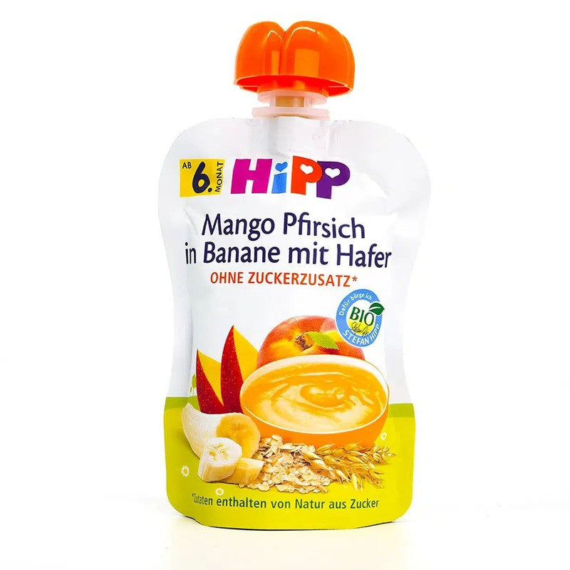 HiPP Fruit Pouches - Mango, Peach, Banana with Oats &amp; Porridge (6+ Months) - 4 Pouches