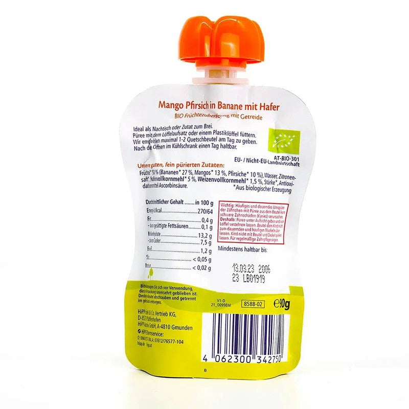 HiPP Fruit Pouches - Mango, Peach, Banana with Oats &amp; Porridge (6+ Months) - 4 Pouches