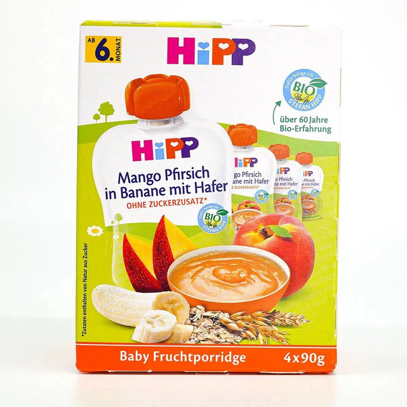 HiPP Fruit Pouches - Mango, Peach, Banana with Oats &amp; Porridge (6+ Months) - 4 Pouches
