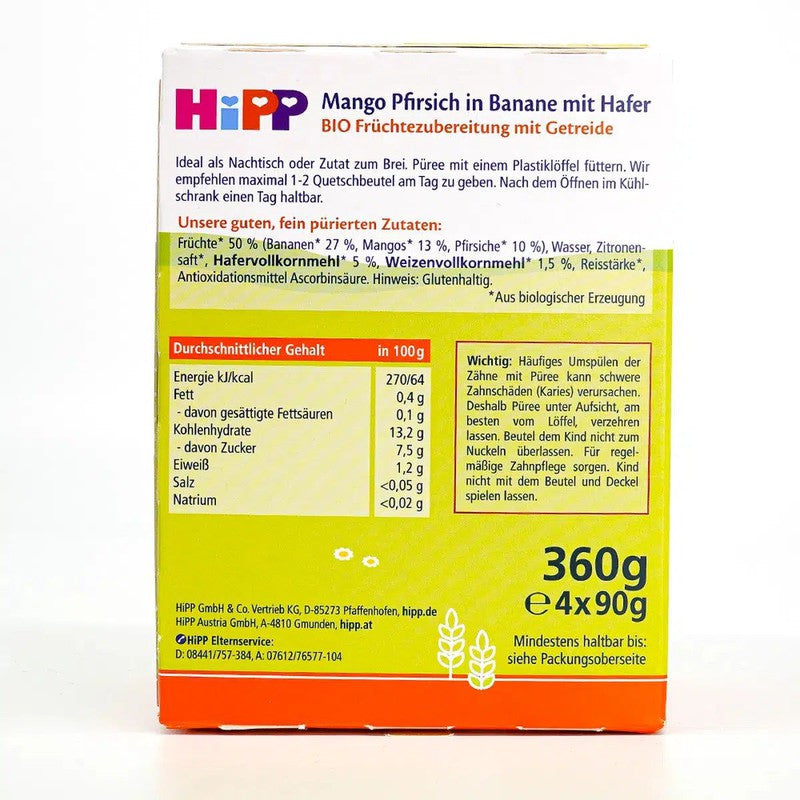 HiPP Fruit Pouches - Mango, Peach, Banana with Oats &amp; Porridge (6+ Months) - 4 Pouches