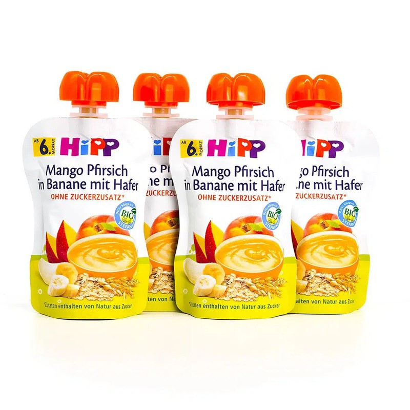 HiPP Fruit Pouches - Mango, Peach, Banana with Oats &amp; Porridge (6+ Months) - 4 Pouches