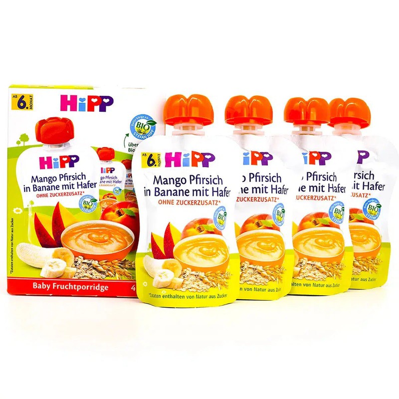 HiPP Fruit Pouches - Mango, Peach, Banana with Oats &amp; Porridge (6+ Months) - 4 Pouches