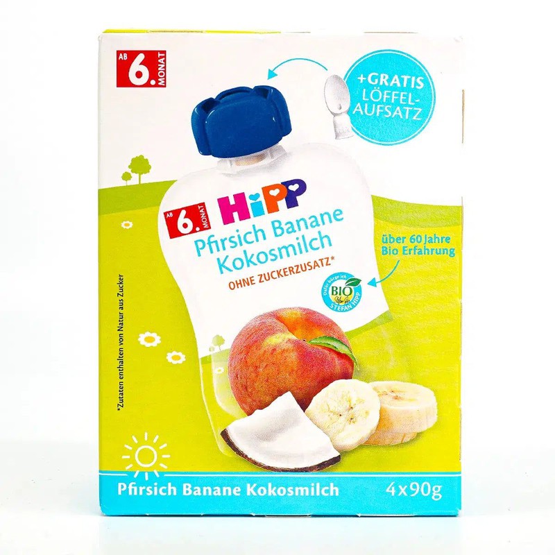 HiPP Fruit Pouches - Peach &amp; Banana With Coconut Milk (6+ Months) - 4 Pouches