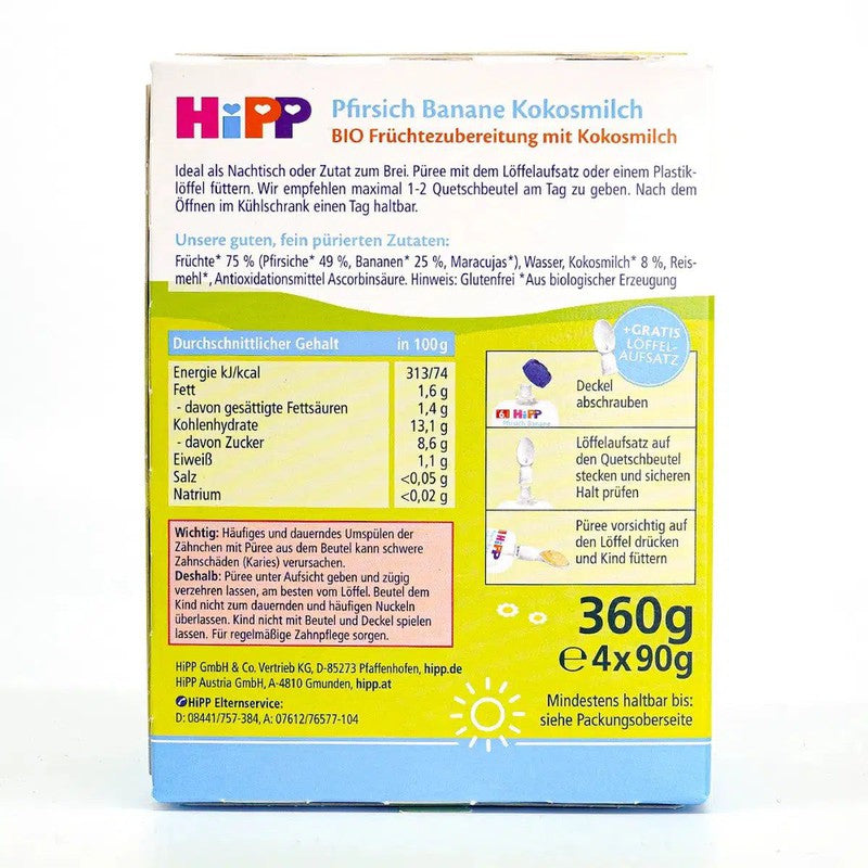 HiPP Fruit Pouches - Peach &amp; Banana With Coconut Milk (6+ Months) - 4 Pouches