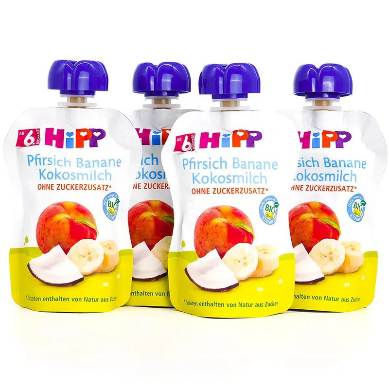 HiPP Fruit Pouches - Peach &amp; Banana With Coconut Milk (6+ Months) - 4 Pouches