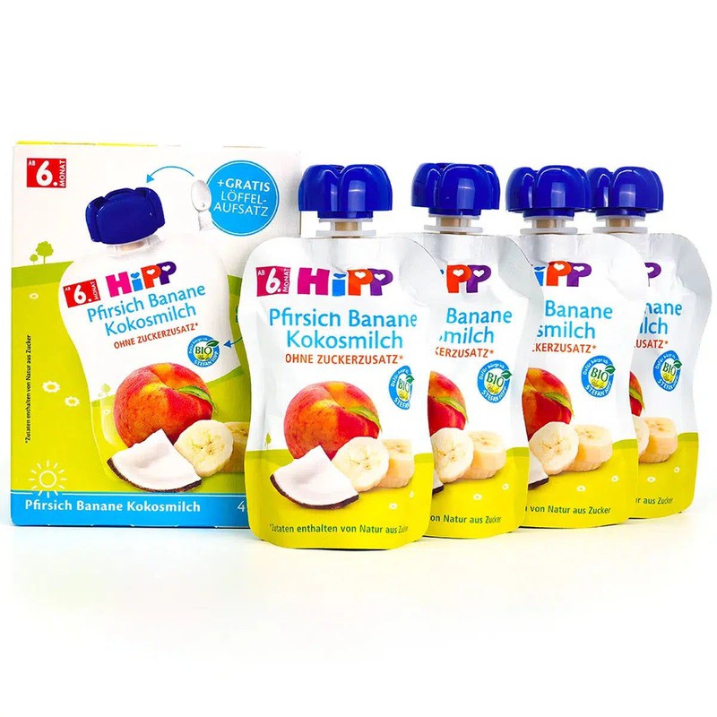 HiPP Fruit Pouches - Peach &amp; Banana With Coconut Milk (6+ Months) - 4 Pouches